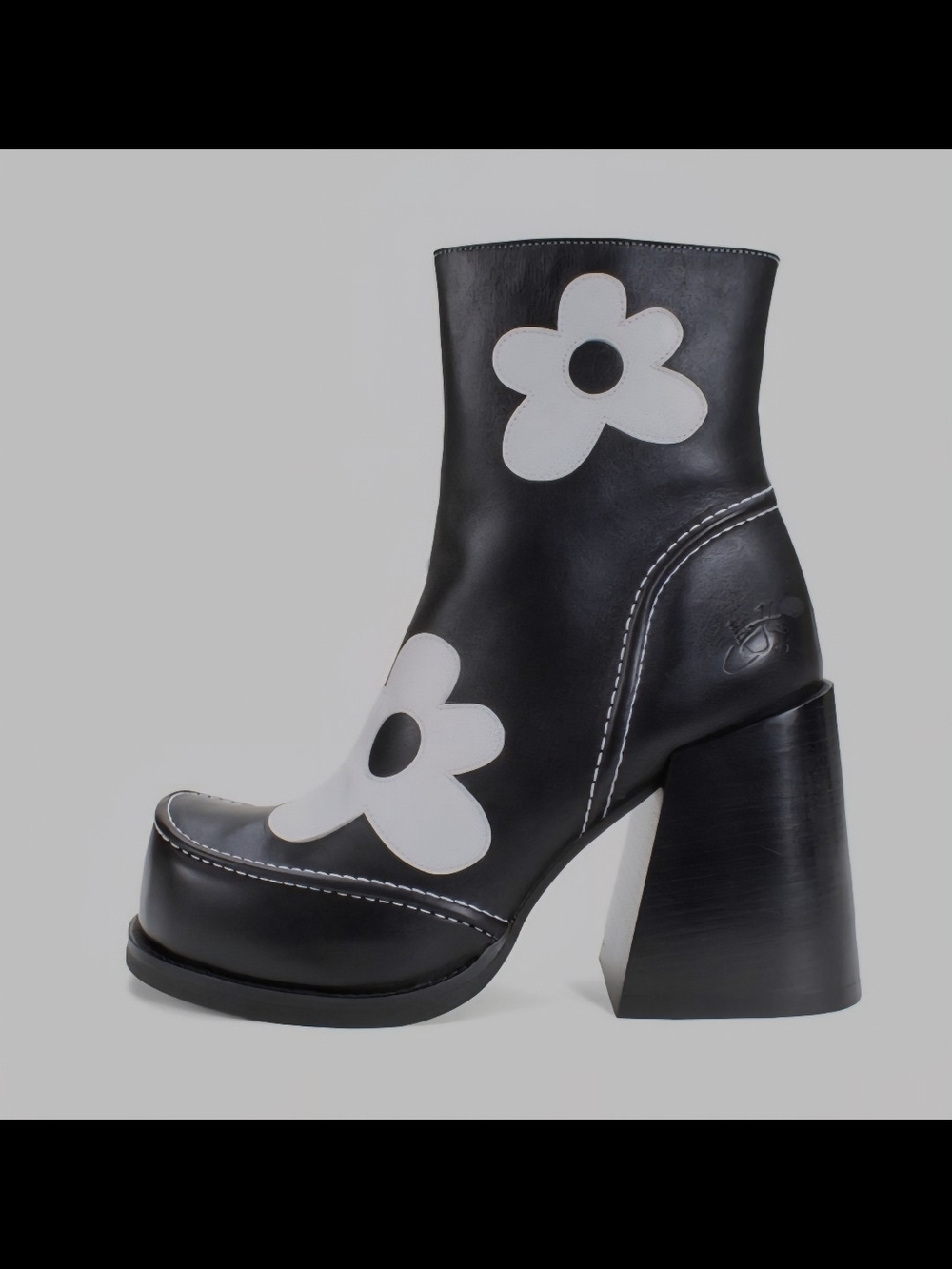 Black Floral Patch Block-Heel Ankle Boots